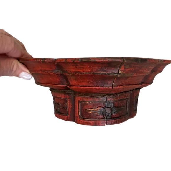 Vintage Hand Created Chinese Carved Wooden Red Gold Bowl - Picture 4 of 12